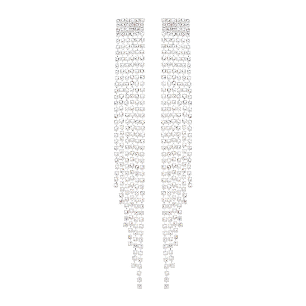 Brinco Franja Strass Retangular Prata