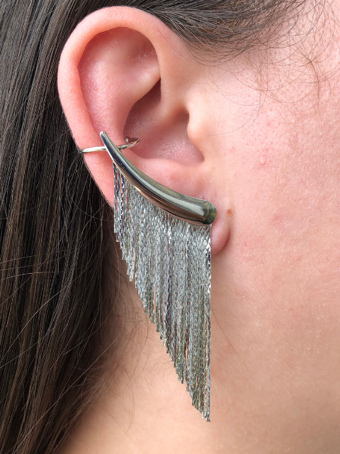 Brinco Franja Ear Cuff Ródio Branco