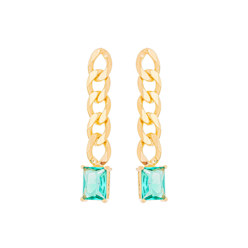 Brinco Corrente Com Cristal Verde Atacamita Ouro 18k